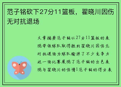 范子铭砍下27分11篮板，翟晓川因伤无对抗退场